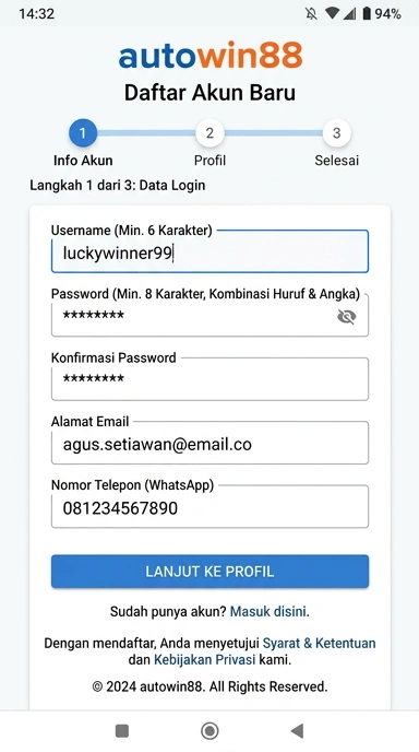 Tampilan halaman daftar autowin88